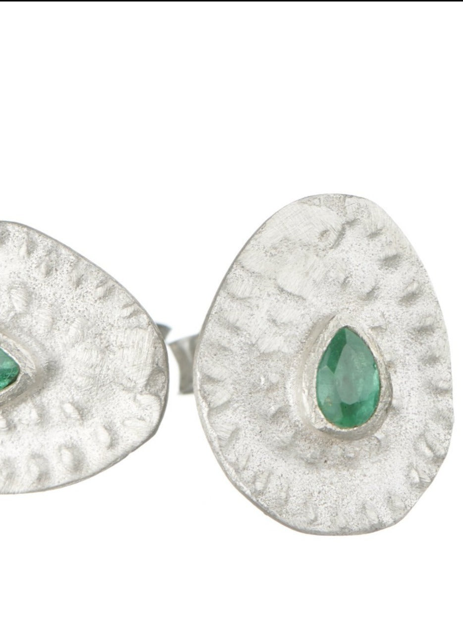 Pharaoh Tear Studs - Emerald & Silver