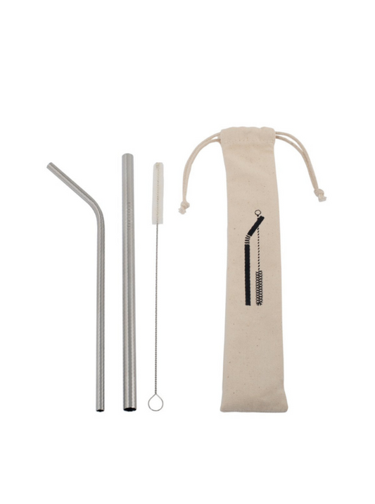 Steel Straw Duo + Cleaning Brush in Cotton Bag
